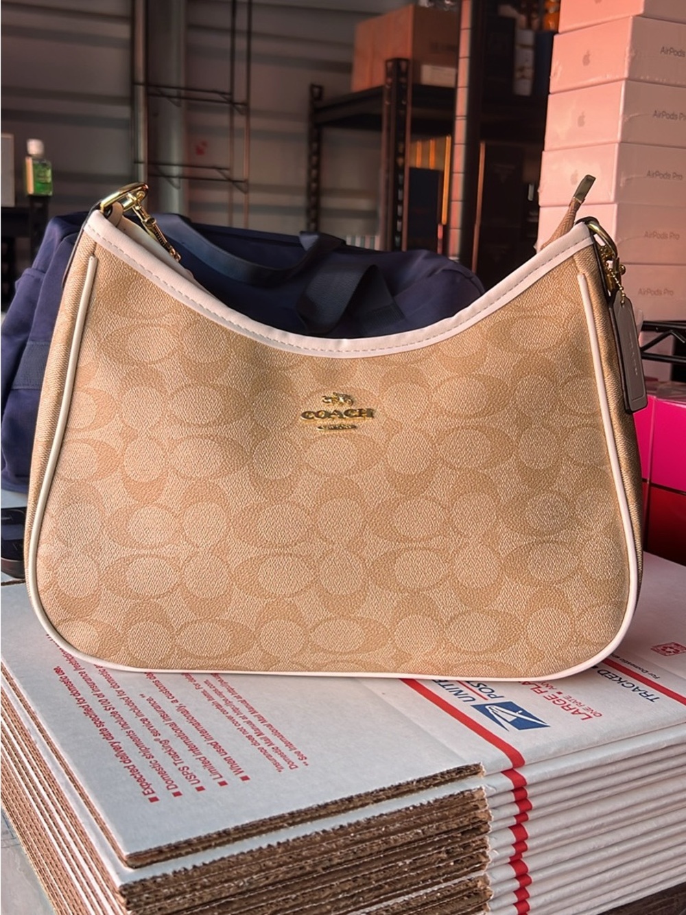 Coach Beige Signature Shoulder Bag with White Trim